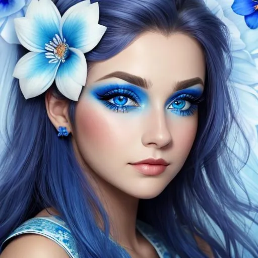 Prompt: A woman all in blue, blue eyes, pretty makeup,blue flower in hair, facial closeup