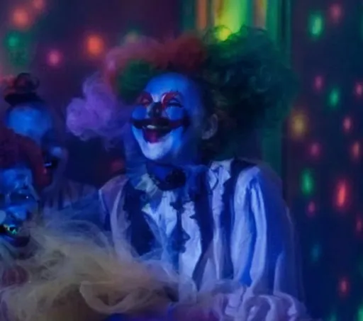 Prompt: Evil ghost clown with red and green hair  laughing in black lighted room