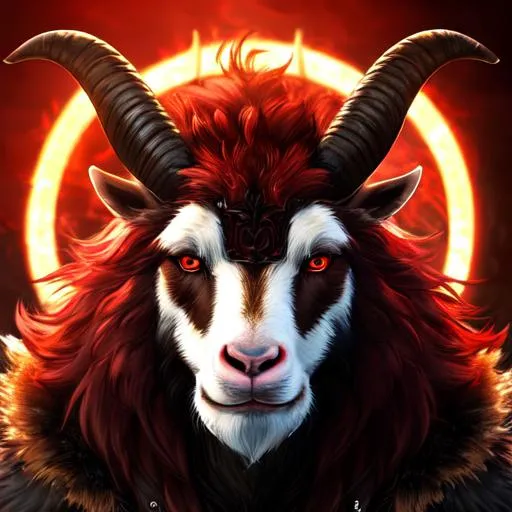 Prompt: an anthropomorphic Goat, mythological creature, large head, red glowing eyes, chest armor, muscled, highly detailed face and fur, dark skin, chiaroscuro, volumetric lighting, d&d character, oil on canvas, intricate detail