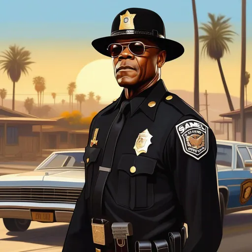 Prompt: Samuel L Jackson as Officer Tenpenny, in GTA San Andreas, guns, cartoony, sunny atmosphere, extremely detailed painting by Greg Rutkowski and by Henry Justice Ford and by Steve Henderson
