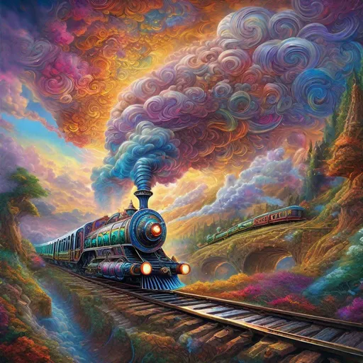 Prompt: ""Majestic steam train passing through a massively spiral railway track; a beautifully colorful and intricately detailed landscape made of clouds" by Josephine Wall and Mahmoud Farshchian; album cover art, 3d liquid art, subsurface scattering, octane, 16k, vivid, hyperrealism""