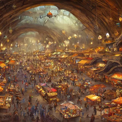 Prompt: large, cavernous hall as large as a town with a fantasy bazaar, with stalls, food stands, and taverns, cinematic composition, detailed, concept art, Matt painting, oil painting, high res, bird view