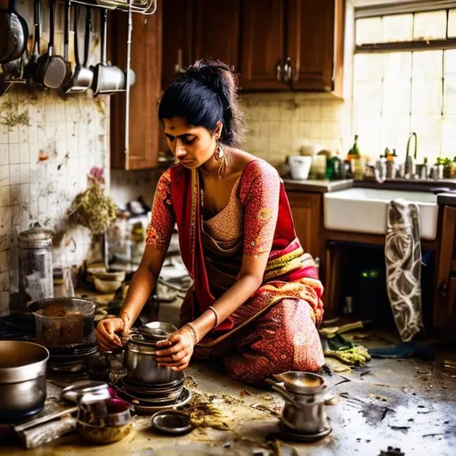 Prompt: show a messy kitchen where a modern indian women is making herbal tea. 