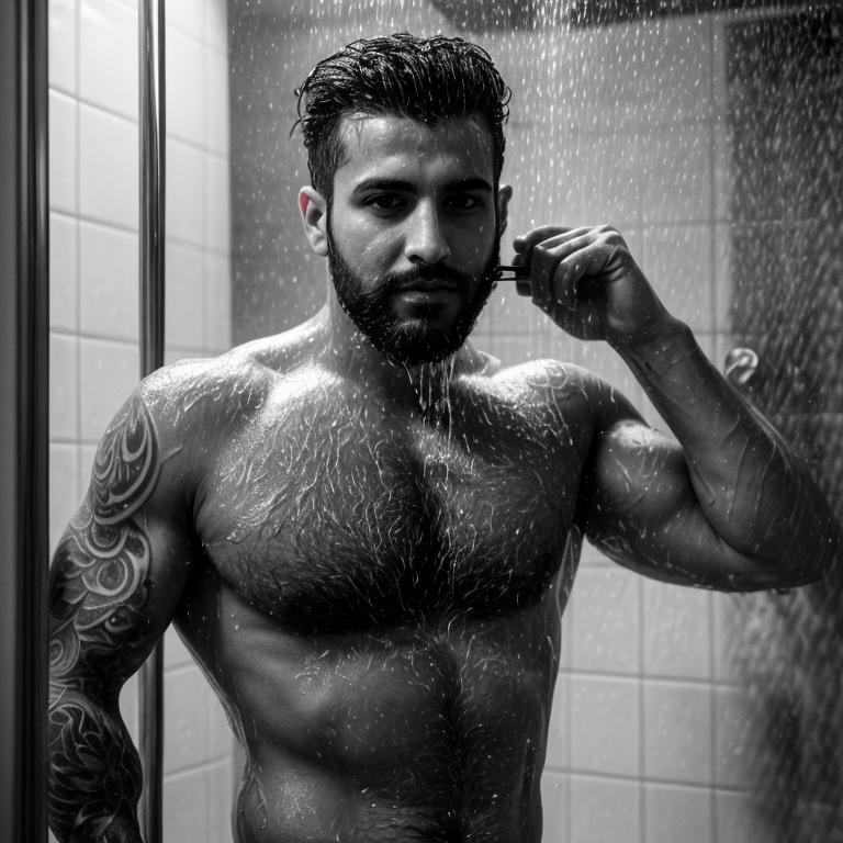 Sensual, hairy chested, tattooed, soaked, arab man,... OpenArt