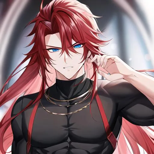 Prompt: Zerif 1male (Red side-swept hair falling between the eyes, sharp and sassy blue eyes), highly detailed face, 8K, Insane detail, best quality, UHD, handsome, flirty, muscular, Highly detailed, insane detail, high quality. wearing a tight black shirt and tight black pants, black sunglasses resting on his head