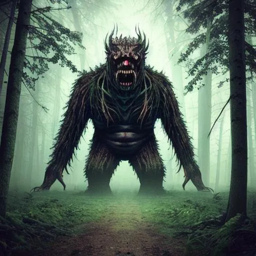 Prompt: A terrifying huge monster living in the forest