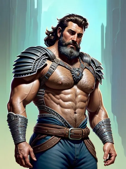 Prompt: portrait of a young, ruggedly handsome warrior, muscular, half body, hairy, piezoluminescent futuristic runic armor, holmium influence, d & d, fantasy, intricate, elegant, badass look, heavenly aura, highly detailed, digital painting, artstation, concept art, smooth, sharp focus, illustration, Artgerm, Alphonse Mucha, Tom Blackwell, Giger