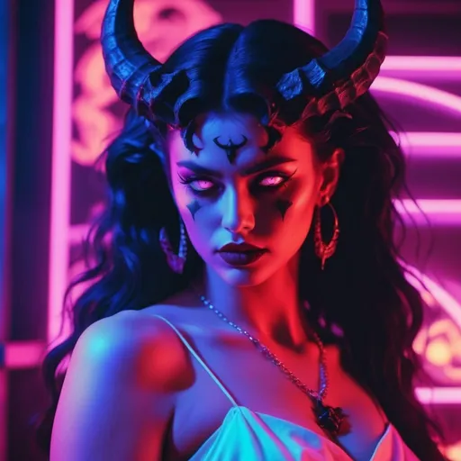 Prompt: beautiful female demon, hell, demonic, vaporwave, retro, neon, aesthetic, liminal, high quality, high definition, beautiful, dramatic lighting