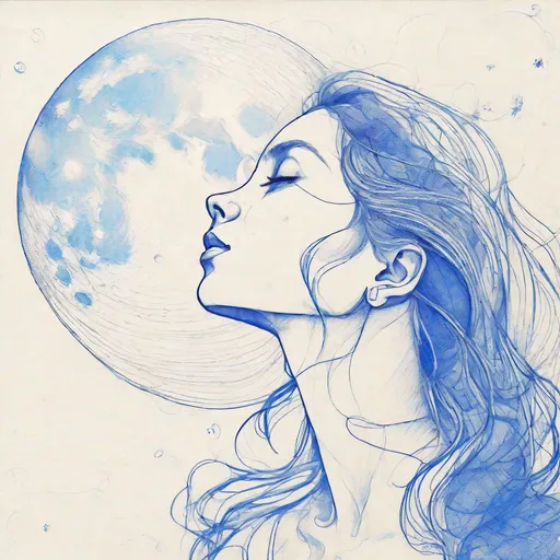 Prompt:  Line art, A beautiful woman looking upward  at the moon, ink,  a blue Ballpoint Pen drawing showing only  strong Contour lines, Minimalist ,  delicate details,  side view , 16k ,HQ, concept art