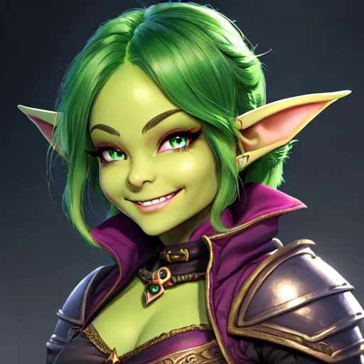 Prompt: oil painting, D&D fantasy, green-skinned-goblin girl, green-skinned-female, small, beautiful, short dark pink hair, wavy hair, smiling, pointed ears, fangs, looking at the viewer, rogue wearing intricate adventurer outfit, #3238, UHD, hd , 8k eyes, detailed face, big anime dreamy eyes, 8k eyes, intricate details, insanely detailed, masterpiece, cinematic lighting, 8k, complementary colors, golden ratio, octane render, volumetric lighting, unreal 5, artwork, concept art, cover, top model, light on hair colorful glamourous hyperdetailed medieval city background, intricate hyperdetailed breathtaking colorful glamorous scenic view landscape, ultra-fine details, hyper-focused, deep colors, dramatic lighting, ambient lighting god rays, flowers, garden | by sakimi chan, artgerm, wlop, pixiv, tumblr, instagram, deviantart