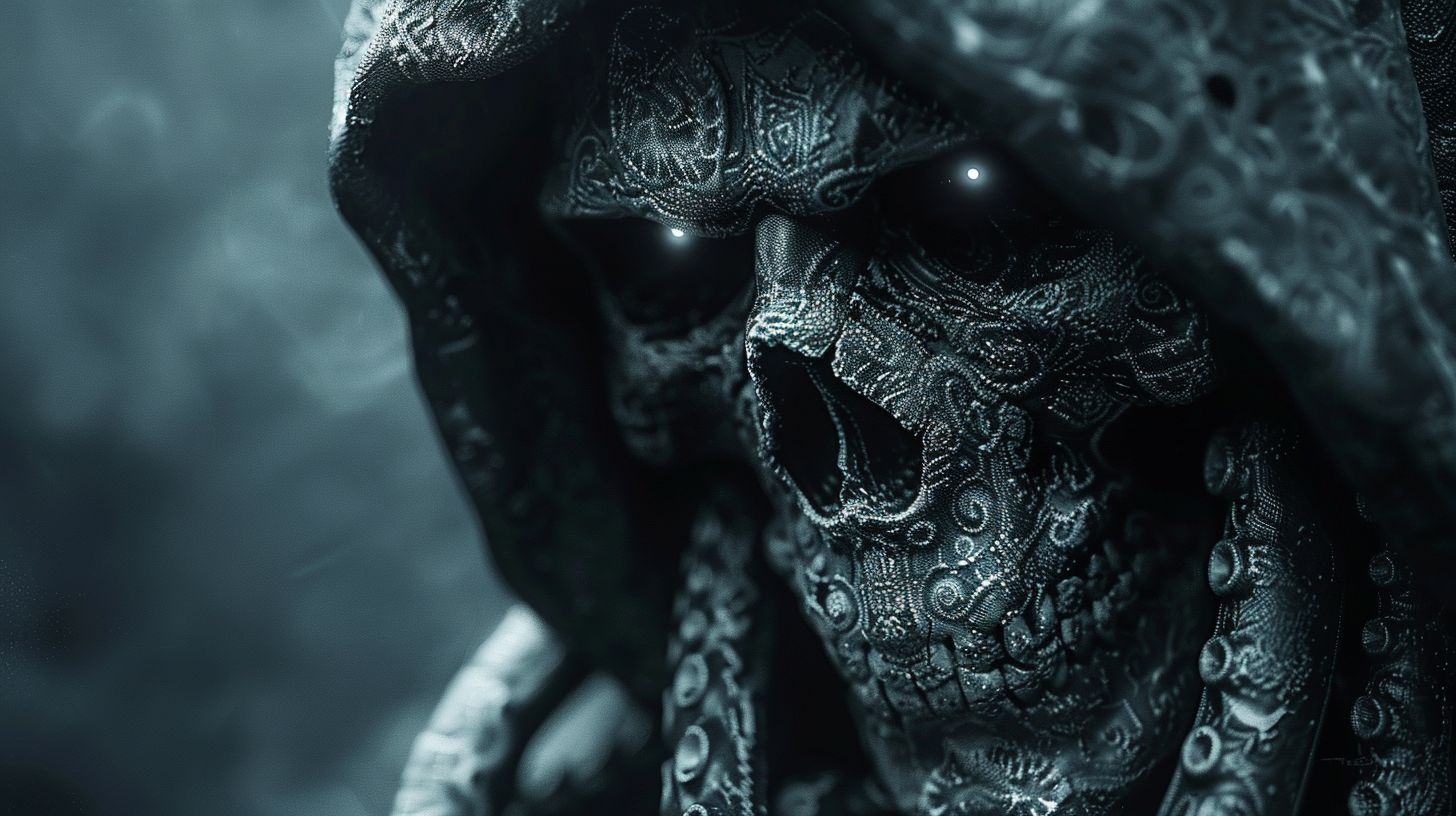 Prompt: Abstract Dark Background with Symmetrical Composition, Digital art style depicting a grim reaper with a face constructed from fractal patterns and illuminated eyes. The face is shrouded in a hooded skull mask, and dark tentacles spiral around it. The scene evokes a dark fantasy ambiance with stark black and white colors and high contrast lighting. Sharp focus and intricate details render the image highly detailed and visually striking.