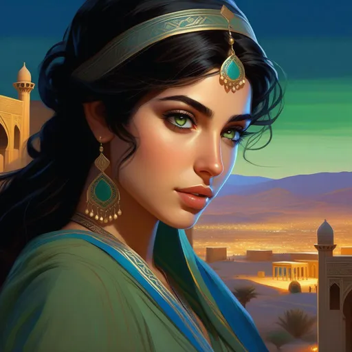 Prompt: Third person, gameplay, ancient Iranian girl, pale olive skin, black hair, green eyes, blue atmosphere, Persepolis at night, cartoony style, extremely detailed painting by Greg Rutkowski and by Henry Justice Ford and by Steve Henderson 
