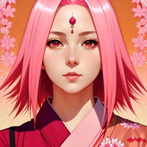 Prompt: Upper body portrait Sakura Haruno, 17 years old, Pink hair, tan skin, Red Kimono, intricate, detailed face. by Ilya Kuvshinov and Alphonse Mucha. Dreamy, sparkles