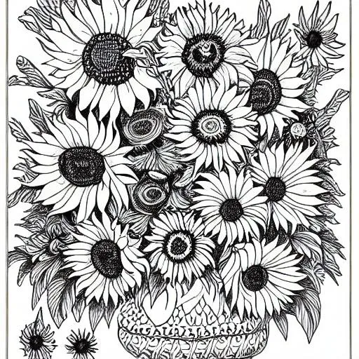 Prompt: Black and white coloring page of sunflowers