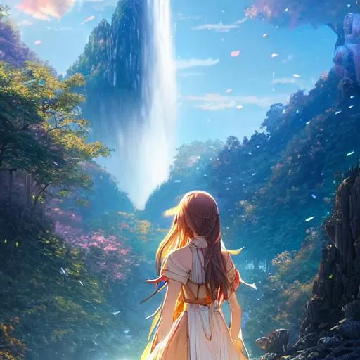 Prompt: Detailed intricate digital illustration by greg rutkowski and artgerm and wlop and sanford robinson gifford ; ancient forest, anime girl, colorful, shimmering waterfall in background ; 13 mm film, arri alfa anamorphic lens ; sharp focus, golden hour lighting, castle with vines, blue haired anime girl trending on artstation 4 k