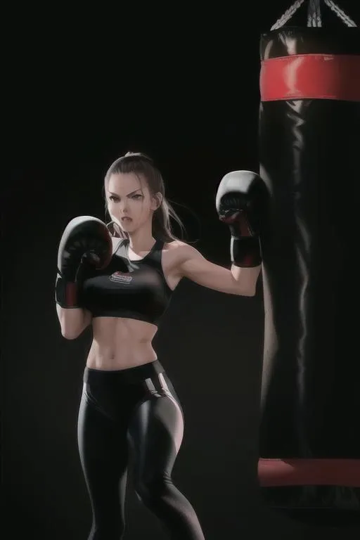 Prompt: punching bag punching, high quality, punching bag,Best quality, tall girl, (punching bag:1.2), master piece, leggings , muscle, blood, punching bag, latex ,ultra detailed, realistic, 4k, fight punching, open finger gloves ,anime style,punching fighting, beauty girl, pretty ,detailed face, punching bag smash 