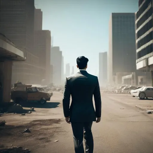 Prompt: A Man wearing a business suit, wandering through a post-apocalypse city, 