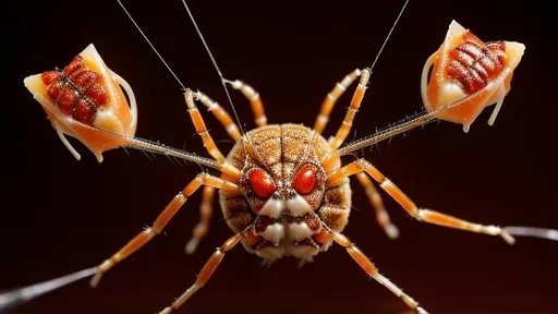 Prompt: A terrifying cheesy meat spider ensnaring a candy moth in a web of string cheese