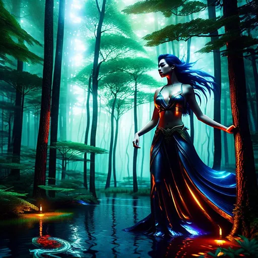 Prompt: 3D HD dramatic cinematic lighting [({one}{(Beautiful benevolent {goddess}female liquid}, expansive magical forest background, hyper realistic, 8K --s98500