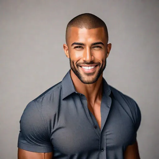 Prompt: Professional full-body  photoshoot of a beautiful, attractive and tan man with a buzz cut, wearing a short-sleeve button-up shirt, dark pants, hyperdetailed {symmetrical eyes}, {defined shredded musculature, broad shoulders}, sultry smile, center frame, diffused light, intricate detail, best quality, uhd, 8k, symmetry  