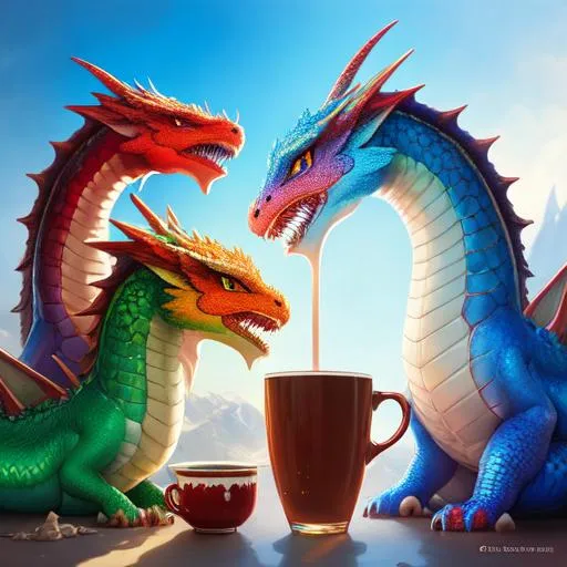 Prompt: Colorful dragons drinking hot chocolate, and a cute face, perfect composition, hyperrealistic, super detailed, 8k, high quality, trending art, trending on artstation, sharp focus, studio photo, intricate details, highly detailed, by greg rutkowski, illustration, watercolor