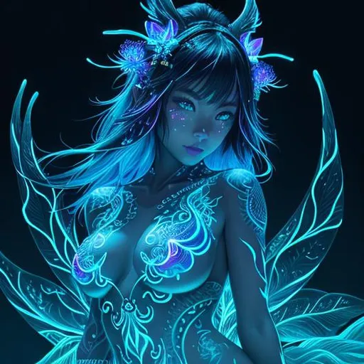 Prompt: Bioluminescent body art, full body Bioluminescent  tattoo, intricate detailed style of colourful, japanese gorgeous woman,  hyperdetailed Bioluminescent gases painting, heavy strokes, paint dripping glowing neon Bioluminescent paints and wild rift, sharp focus digital detailed by Mr Muz., Miki Asai Macro photography, close-up, hyper detailed, trending on artstation, sharp focus, studio photo, intricate details, highly detailed, by greg rutkowski, Bioluminescent skin, bioluminscent silk kimono