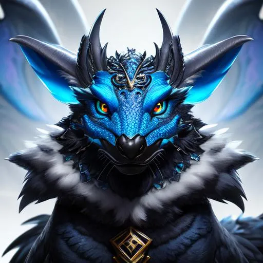 Prompt: Portrait of an anthro wyvern with striking blue fur and iridescent black markings and a cute face, liminal space streets, perfect composition, hyperrealistic, super detailed, 8k, high quality, trending art, trending on artstation, sharp focus, studio photo, intricate details, highly detailed, by greg rutkowski