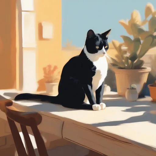 Prompt: a tuxedo cat resting on table, in a patch of sun in a painted style