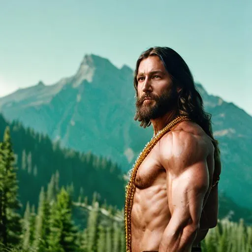 Prompt: muscular Jesus warrior as if he was in a 1980s dark fantasy movie with a forest behind him and a mountain in the background 