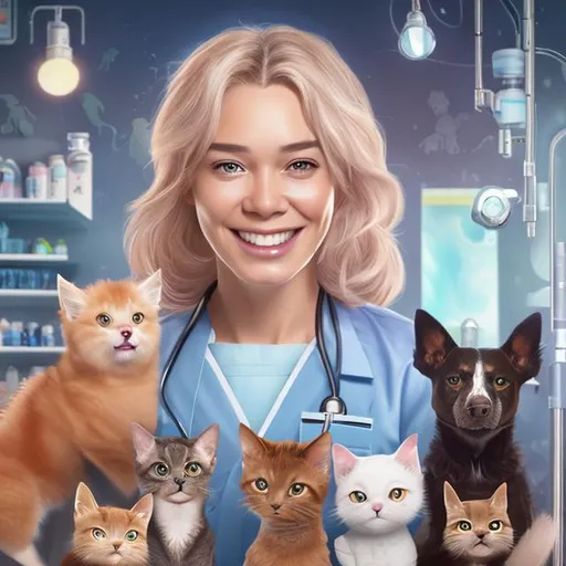 Prompt: a happy female veterinarian technician surrounded with dogs and cats, detailed eyes, pastel colors, against a background of a blurred pet clinic, luxury, cinematic lightning, comic hero style.
