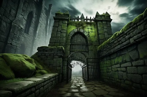 Prompt: Warhammer RPG style mossy wall with gate at night, eerie atmosphere, cloudy sky, detailed stone texture, ominous lighting, high quality, dark fantasy, gothic architecture, dramatic clouds, medieval, atmospheric lighting, mysterious ambiance