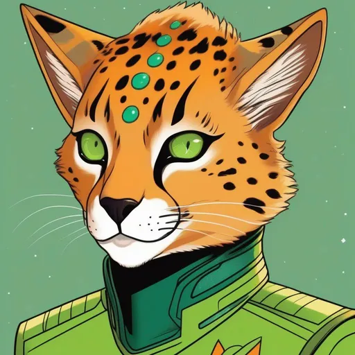 Prompt:  A 33 years old alien of a star trek serval race. Vaguely humanoid. He has shot orange fur and a white skin. He wears a scifi uniform and has green lizard eyes. Detailed, well draw face, Smooth skin. rpg art. Star trek art. 2d art. 2d, color drawing