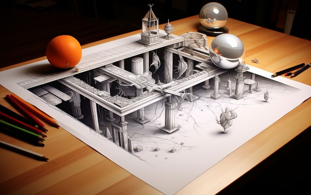 Prompt: vector pencil drawn 3d enities emerge from the drawing on the table