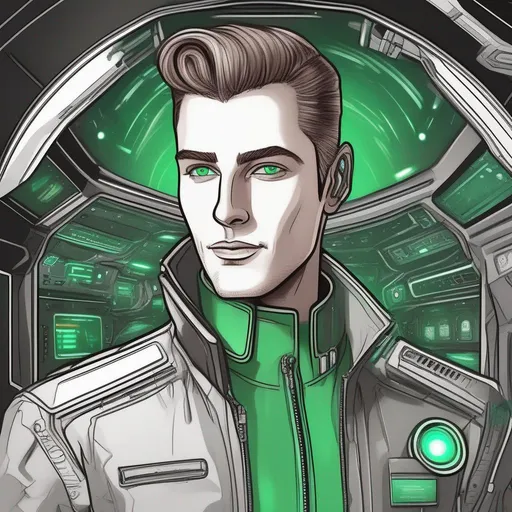 Prompt: Make a sketched phonk style art of a detailed character portrait, full body portrait of a muscled male with brown pompadour undercut, retro futuristic starship captain, green glowing eyes, smirking, black futuristic leather jackett, on smoky background, docking station, inside of a spaceship, Well drawn faces, detailed faces. use the web for reference minus the phonk part but then make it into a phonk sketched style. 