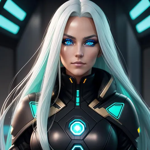 Prompt: Psyker, perfect composition, {25 year old}, lean tan skinned {German woman}, wearing futuristic {black future tech robes}, {long blonde and blue hair}, {green eyes}, peak fitness, determined expression, confident smirk, looking at viewer, 8k eyes, detailed symmetrical face, real, alive, real skin textures, 8k, cinematic volumetric light, proportional, sharp focus, studio photo, intricate details,