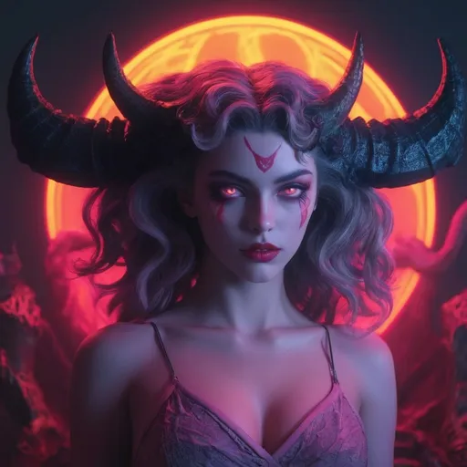 Prompt: beautiful female demon, hell, demonic, vaporwave, retro, neon, aesthetic, liminal, high quality, high definition, beautiful, dramatic lighting