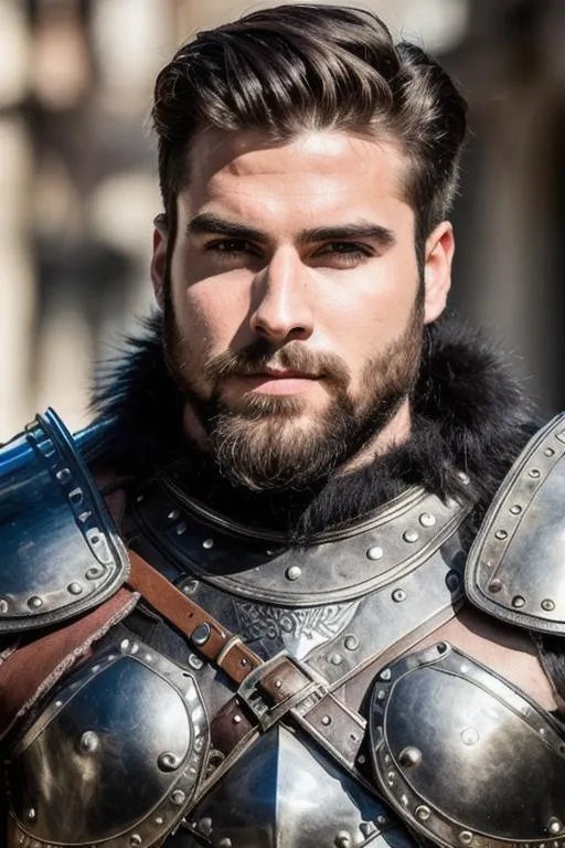 Prompt: male warrior in leather armor, very handsome face, short hair, short beard, very hairy chest, perfect composition, photo realistic, super detailed, high quality, sharp focus, studio photo, intricate details, highly detailed