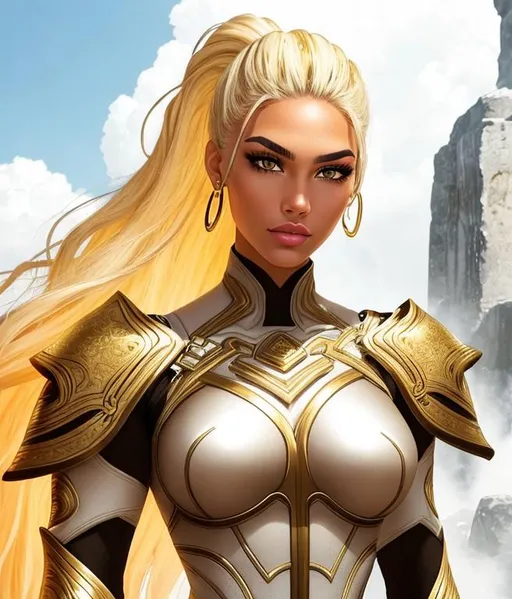 Prompt: A beautiful 10 ft tall 20 year old ((Latina)) light elemental with light brown skin and a beautiful face. She has a strong body. She has yellow hair in a bun and two strands of hair going down the left and right of her head with yellow eyebrows. She wears white  armor with gold and two shoulder pads. She has brightly glowing yellow eyes and white pupils. She has a yellow aura around her. She is using light magic in battle against a giant monster in a open field. Epic battle scene art. Full body art. {{{{high quality art}}}} ((goddess)). Illustration. Concept art. Symmetrical face. Digital. Perfectly drawn. A cool background.