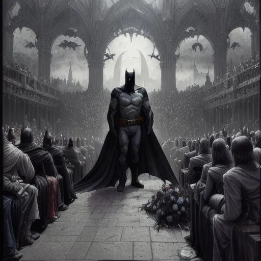 Prompt: Batman's Funeral, Real, Detailed, No Imperfections, Deviantart, HDR, Concept Art, Greg Rutkowski, James Gurney, Gustave Dore, Romanticism, Hyperrealism, Impressionism