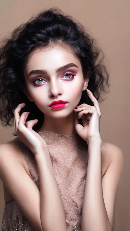 Prompt: Beautiful lady wearing black dress, AI, fined features, 8K, fair and glossy skin, big eyes, light makeup, fashion jewelry, baby pink lips, no marks/scratches on face, clear and clean skin, curly hair.