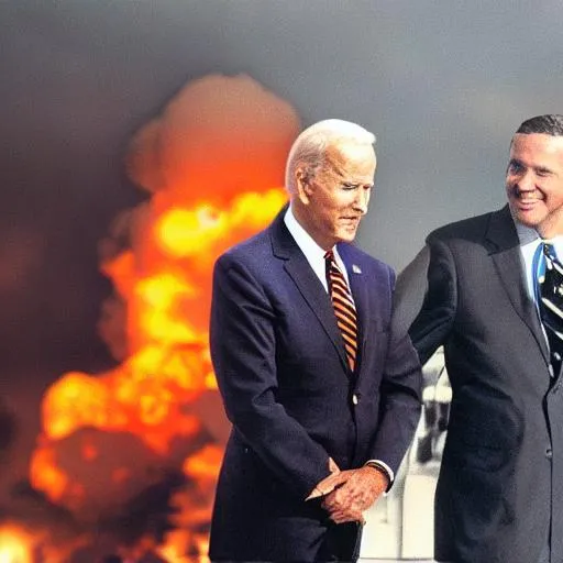 Prompt: joe biden fire eyes mushroom cloud in the background