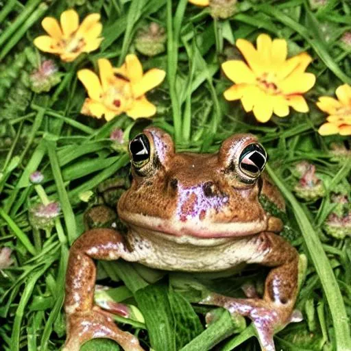 Prompt: toad, frog, flowers, aesthetic, cute, cartoonish, fairycore