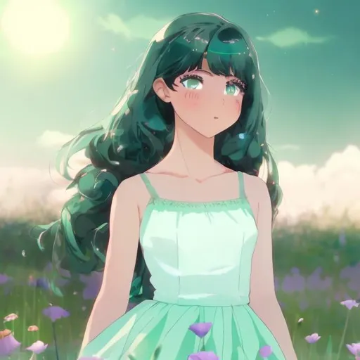 Prompt: A 15 year old girl wearing a mint green dress with black hair and green eyes in a field of flowers at night in anime