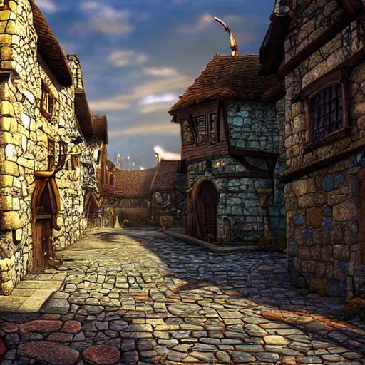 Prompt: fantasy medieval street sunlight