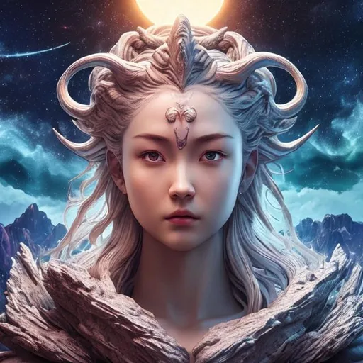 Prompt: (extremely detailed) (hyper realistic) (sharp detailed) (cinematic shot) (masterpiece)female god from above, centered,selfie pose, moonlight, extraordinary shot, night sky, mountains, river, stars, nebula ,clouds, stunning beauty, 3D illustration, high resolution, reflactions.
