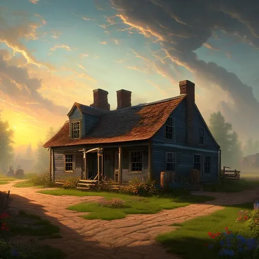 Prompt: Album Cover, Nuclear wasteland ((((post-nuclear disaster)))), 18th-century colonial tavern {cottage core}. Beautiful space, tall landscapes, blue-gray atmosphere, clouds, outdoors. in the style of Thomas Kinkade

