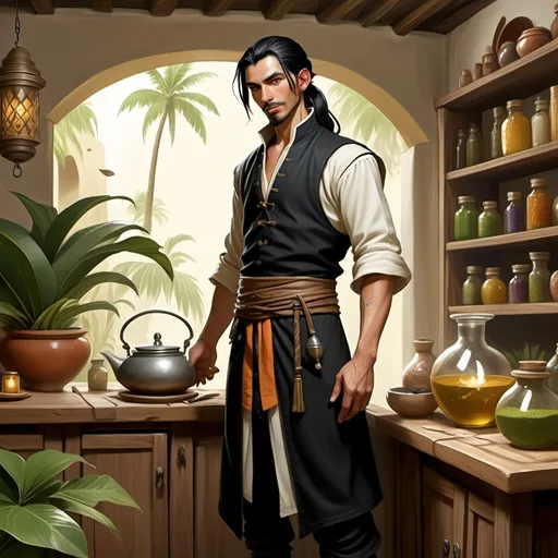 Prompt: Full body, Fantasy illustration of a male alchemist, attractive, oliv complexion, long black ponytail, alchemist apron,  guilty expression, high quality, rpg-fantasy, detailed, in a tropical hacienda 