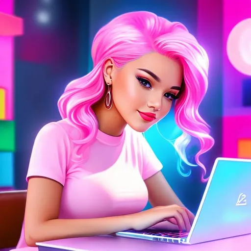 Prompt: Full body Portrait of {NSFWteenager typing on laptop in office} with {pink} hair and with cute face, {In the home office hd}, full body, perfect composition, hyperrealistic, super detailed, 8k, high quality, trending art , trending on artstation , sharp focus , Realistic background image hd, intricate details, highly detailed.