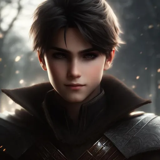 Prompt: Evil boy in dark amour, good looking, brown hair parted to the side, hyper realistic details, cinematic lighting, close up, half body