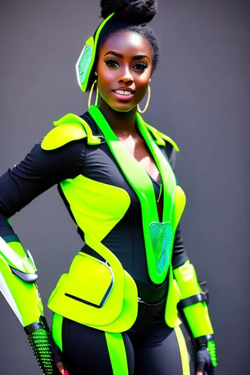 Prompt: Polly Hedley ((beautiful melanin-toned Jamaican college student)) (girl next door gamer geek) (ectomorphic frame) wears a parrot-styled exoskeleton power suit ((form-fitting bright green featherlike scale-armored environmentally-sealed power-suit with extendible bladed arm-wings and a parrot-based face mask with cowl, holographic display futuristic goggles, and beak-like zero-G oxygen mask built in)) enters the VR lab to LARP a VRMMO campaign called 'The Gas Mask Chronicles' with her gamer club mates.